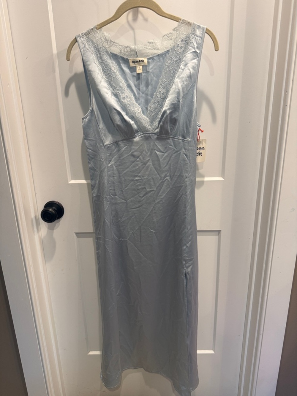 Silver Satin Lace-Trim Maxi Dress